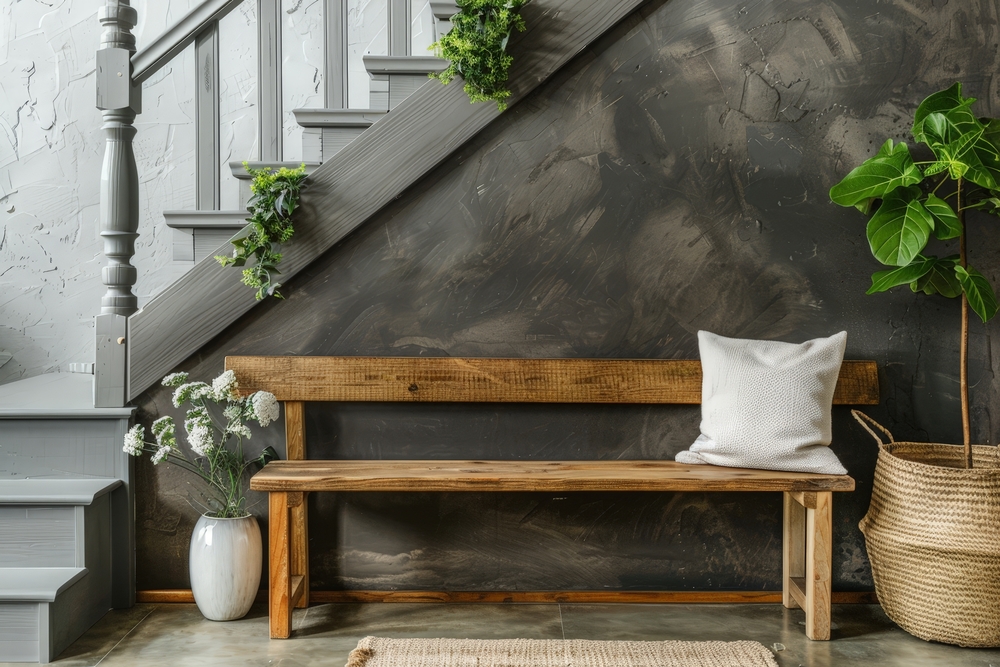 Recibidor decorado con una banqueta rústica de madera bajo una escalera gris, complementada con plantas y cojines, creando un ambiente acogedor y natural en la entrada del hogar.